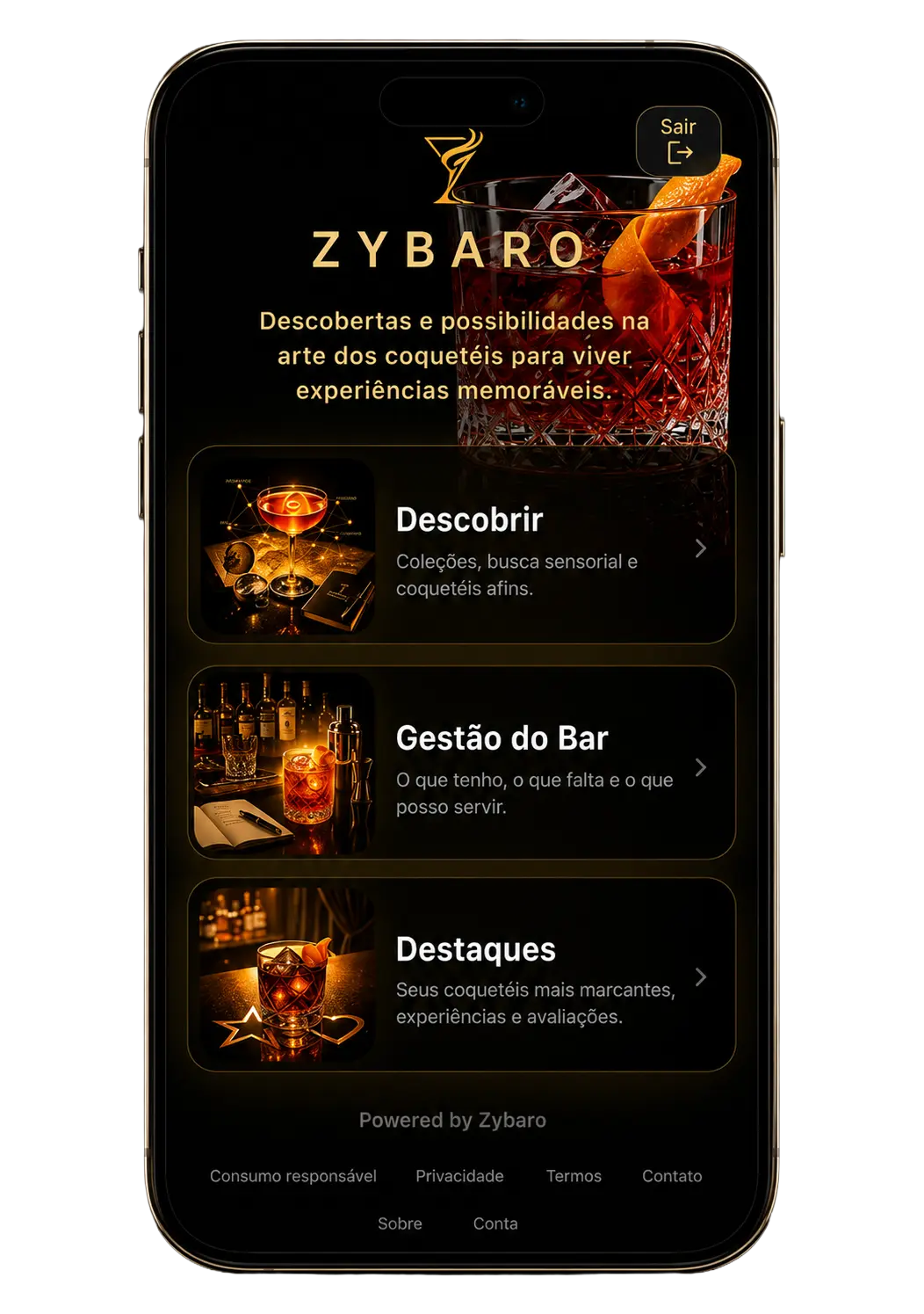 Tela Descobrir do aplicativo Zybaro