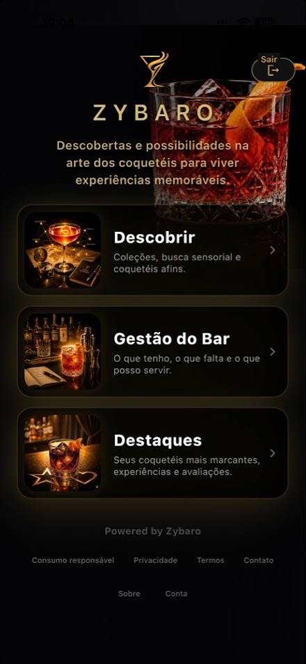 Tela inicial do aplicativo Zybaro