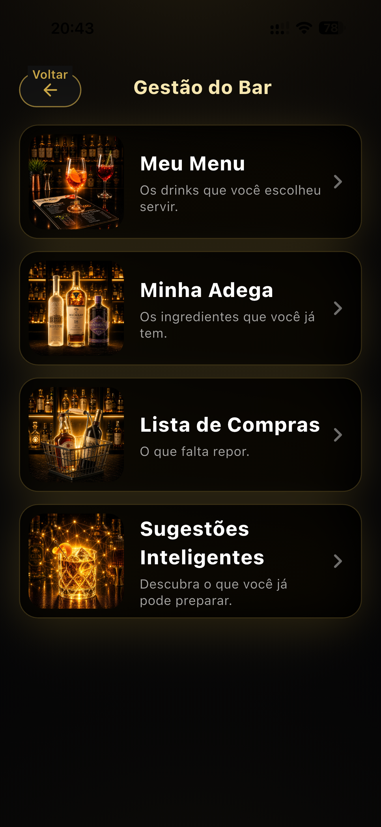 Tela Gestão do Bar do aplicativo Zybaro