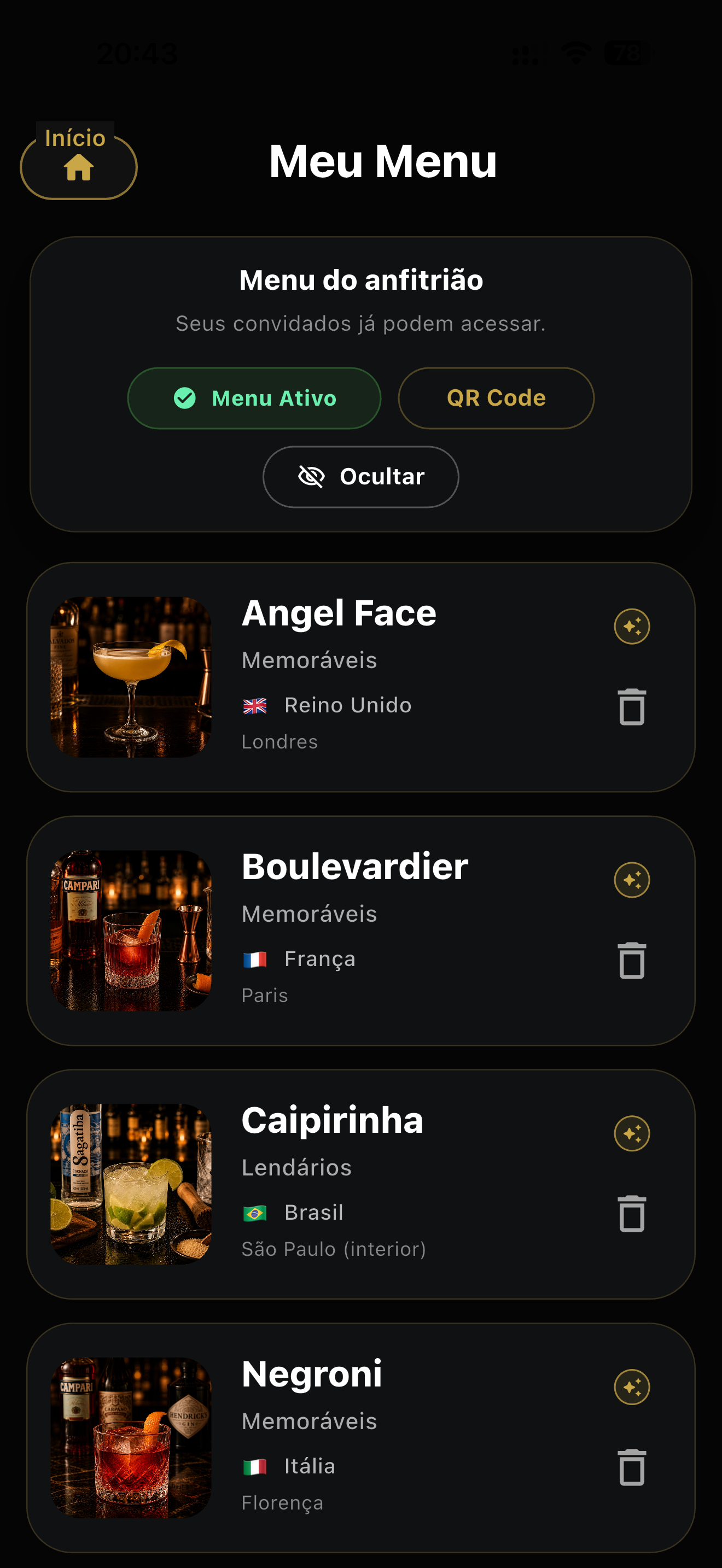Tela Meu Menu do aplicativo Zybaro