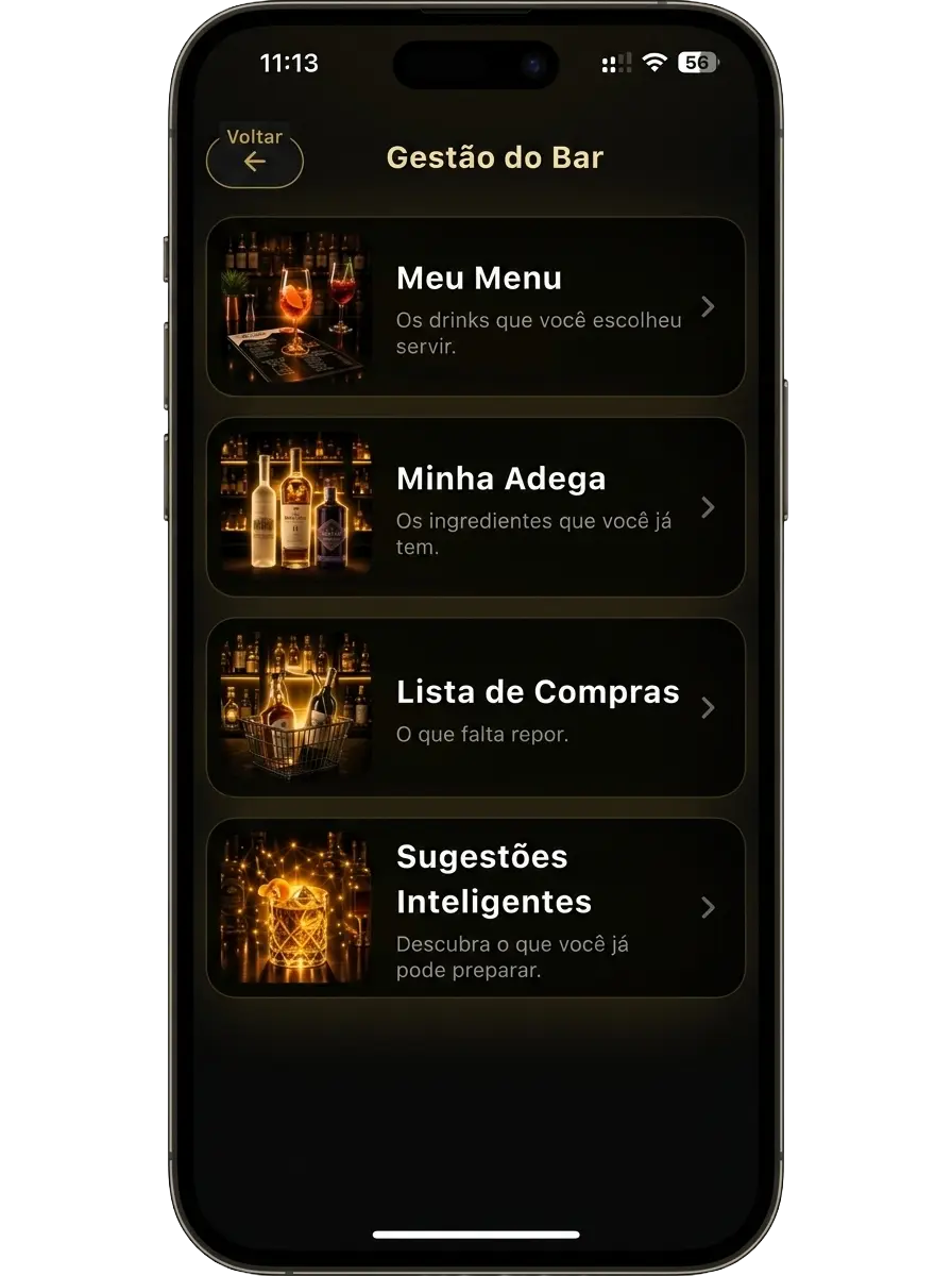 Tela Gestão do Bar do aplicativo Zybaro