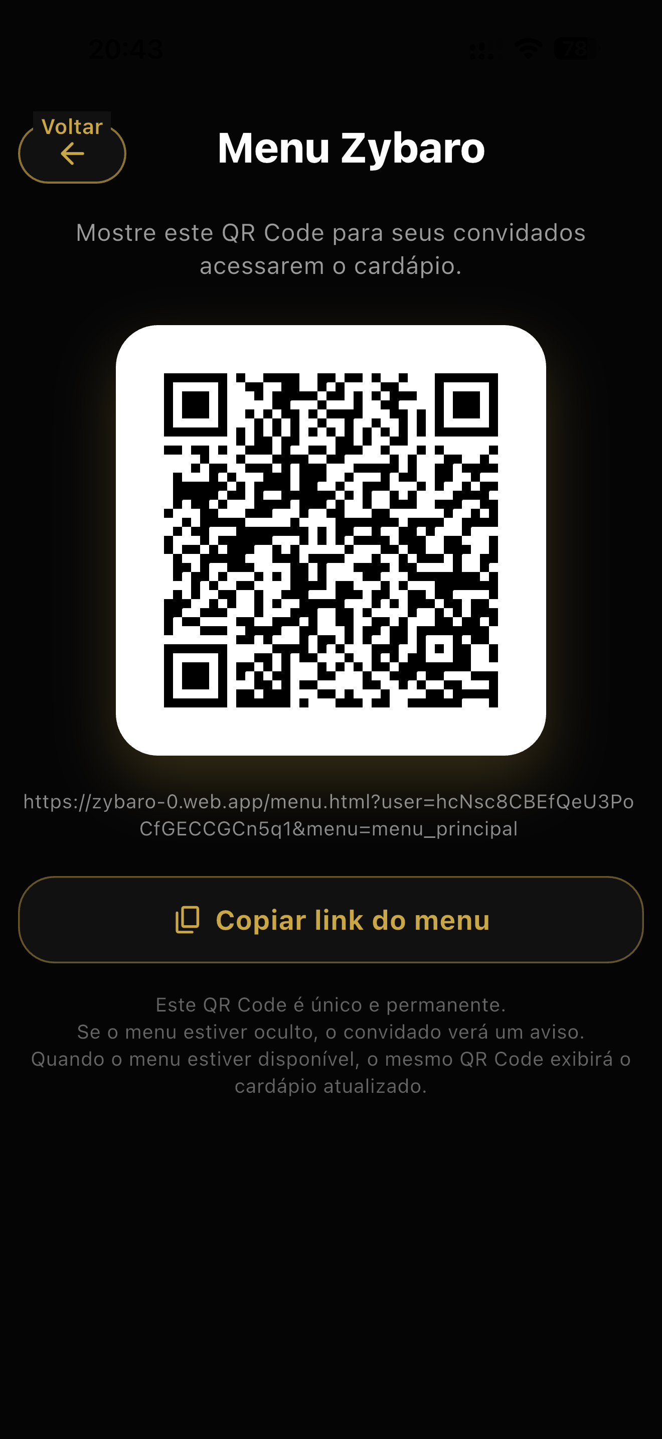 QR Code do Menu Público Zybaro